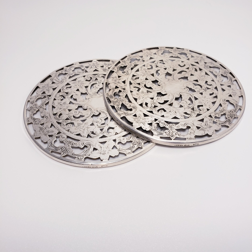 Bridal Champagne Coaster Set Sterling Silver Hand Engraved Floral Lace Pattern